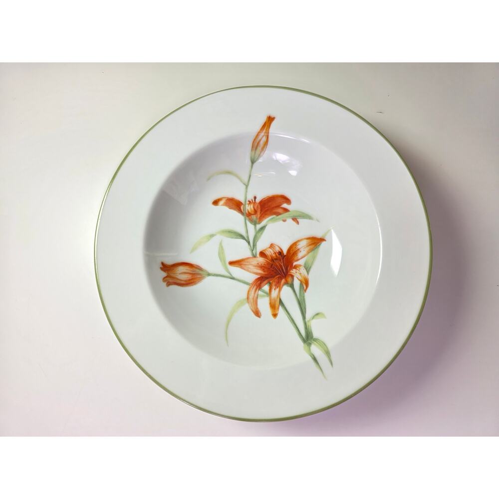 222 FIFTH White Floral BLOOM Green Lip Large Rim Soup Bowls Set of 4 - Picture 2 of 9